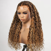 Pre Styled Butterfly Braids Wig Ombre Highlight Brown Color Water Wave 13x6 HD Lace Frontal Human Hair Wigs