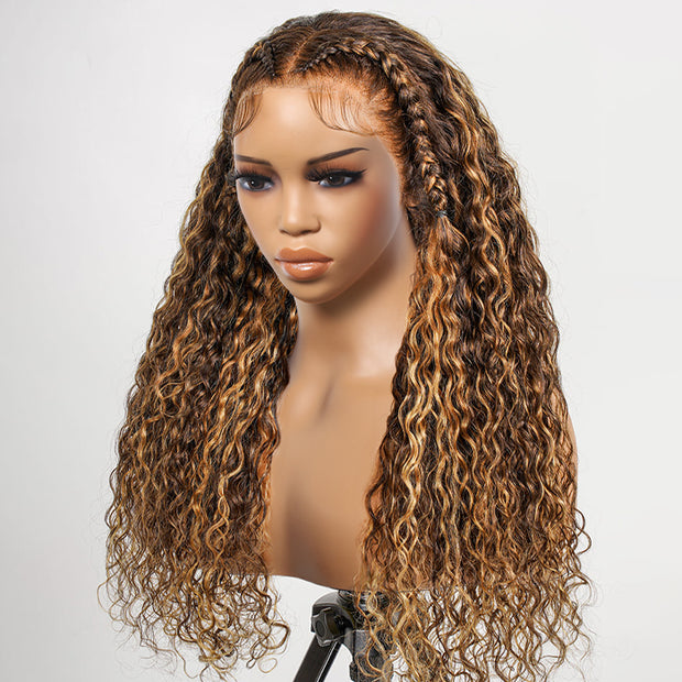 Pre Styled Butterfly Braids Wig Ombre Highlight Brown Color Water Wave 13x6 HD Lace Frontal Human Hair Wigs