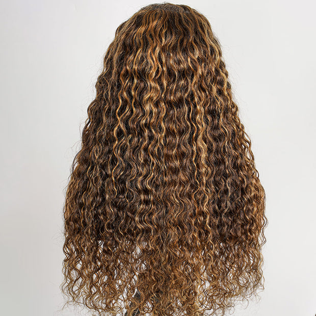 Pre Styled Butterfly Braids Wig Ombre Highlight Brown Color Water Wave 13x6 HD Lace Frontal Human Hair Wigs