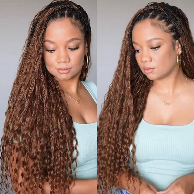 Pull Go Drawstring Cap 13x6 HD Full Lace Knotless Boho Curls Braided Wigs Human Hair