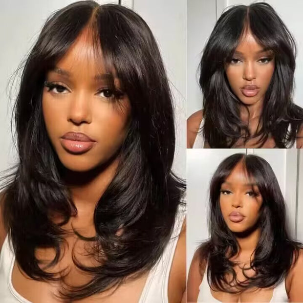 Curtain Bangs 13x4 Frontal HD Lace Wig Butterfly Haircut Straight Human Hair Wigs with Pre-Bleached Knots