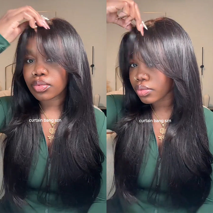 Layered Straight Curtain Bang Wig Ready Go Glueless 13x4 Lace Wig With Pre Bleached& Pre Cut