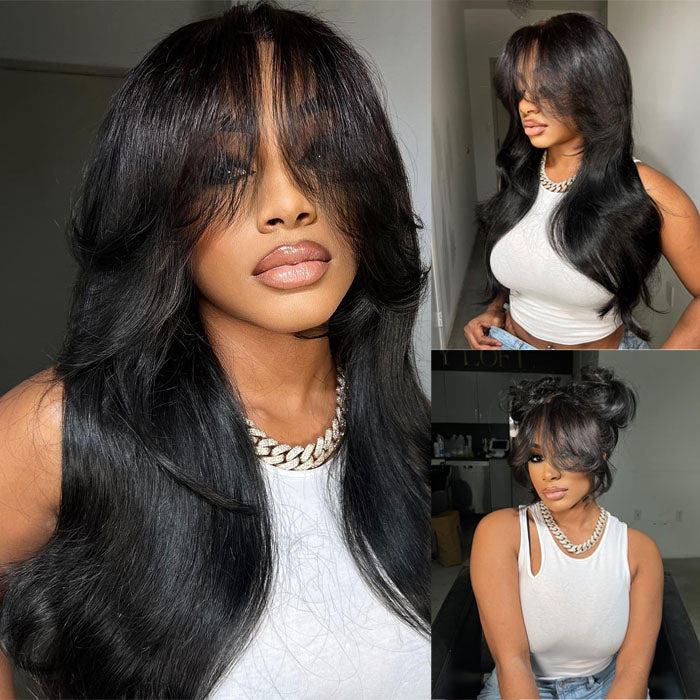 Curtain Bangs 13x4 Frontal HD Lace Wig Butterfly Haircut Straight Human Hair Wigs with Pre-Bleached Knots