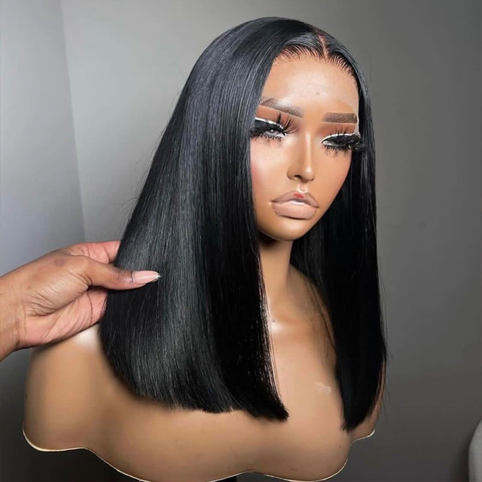 Glueless Double Drawn Blunt Cut Bob Wigs Transparent HD Lace Human Hair Wig Pre Plucked Hairline