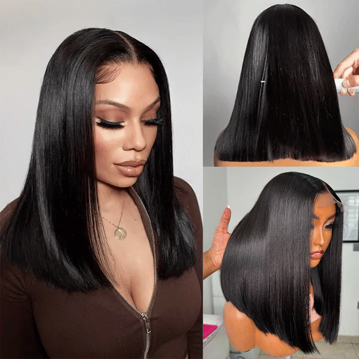 Glueless Double Drawn Blunt Cut Bob Wigs Transparent HD Lace Human Hair Wig Pre Plucked Hairline