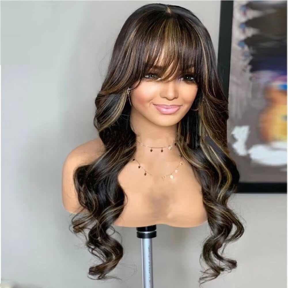 Blonde Highlights Body Wave With Bangs Glueless 13×4 Lace Front Wigs Human Hair