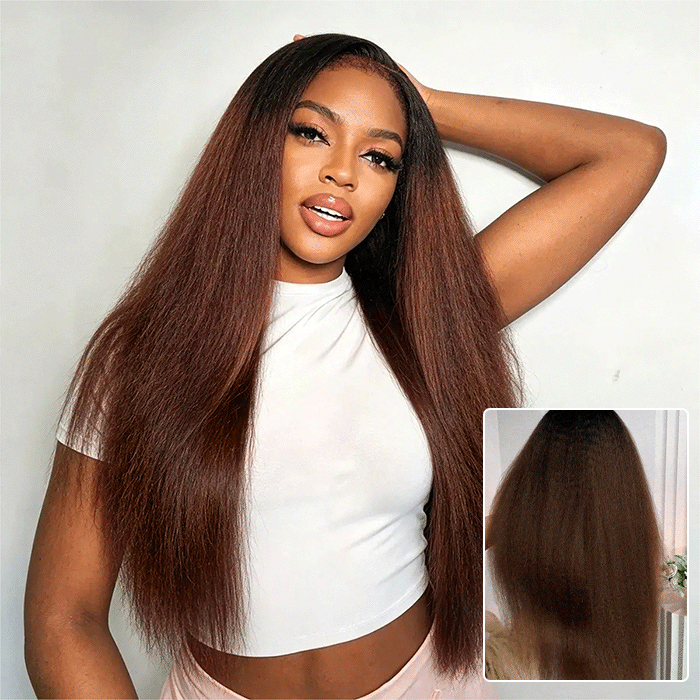 Kinky Straight Ombre Brown Glueless V Part Wig With Invisi Drawstring Beginner Friendly Protective Style