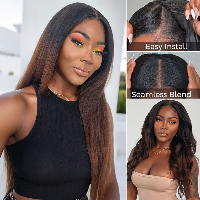 Kinky Straight Ombre Brown Glueless V Part Wig With Invisi Drawstring Beginner Friendly Protective Style