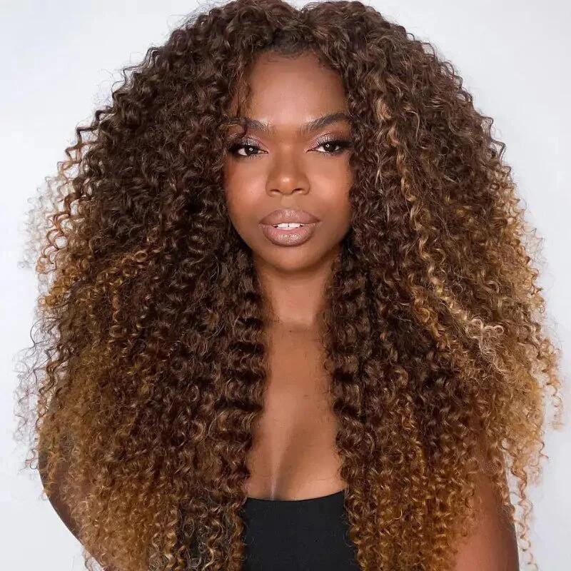 Luxury Curly Wig Ombre Auburn Brown 100% Human Hair Swiss 13x4 Lace Front Glueless Wig