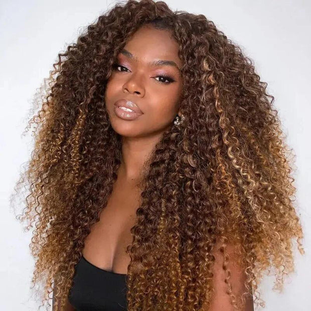 Luxury Curly Wig Ombre Auburn Brown 100% Human Hair Swiss 13x4 Lace Front Glueless Wig