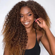 Luxury Curly Wig Ombre Auburn Brown 100% Human Hair Swiss 13x4 Lace Front Glueless Wig