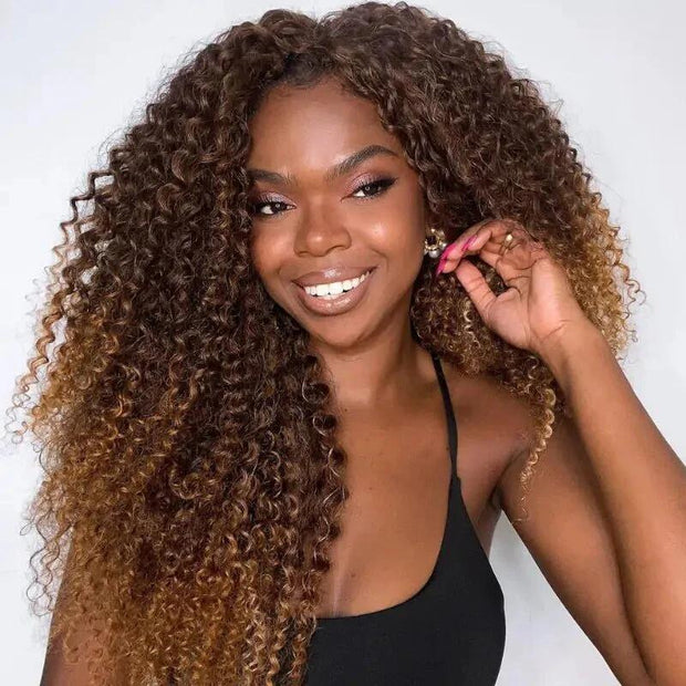Luxury Curly Wig Ombre Auburn Brown 100% Human Hair Swiss 13x4 Lace Front Glueless Wig