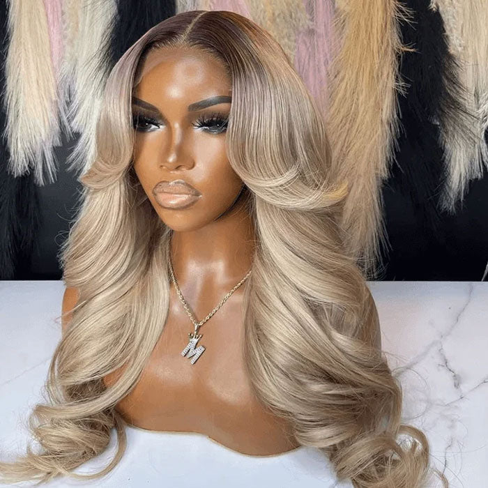 Ombre Ash Blonde Highlight Body Wave Lace Front Wigs With Dark Roots Pre-Cut Lace Glueless Drawstring Wig for Beginners