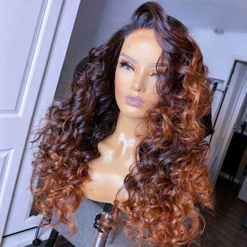 Ombre Brown Color Loose Wave 13x6 HD Lace Frontal Wig With Pre Plucked Hairline Glueless Human Hair Wigs