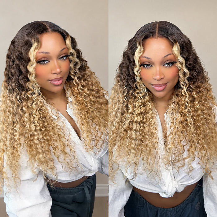 Deep Wave 13x6 Lace Front Wigs Ombre Brown To Blonde Highlight Wig Glueless Human Hair Wigs For Women