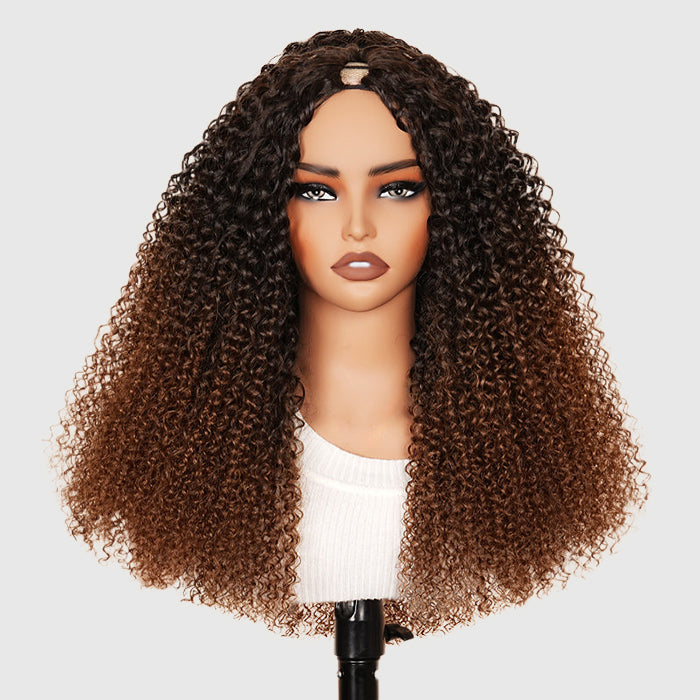 Kinky Curly V Part Wigs Ombre Chestnut Brown Color Glueless U Part No Leave Out Super Natural Human Hair Wig