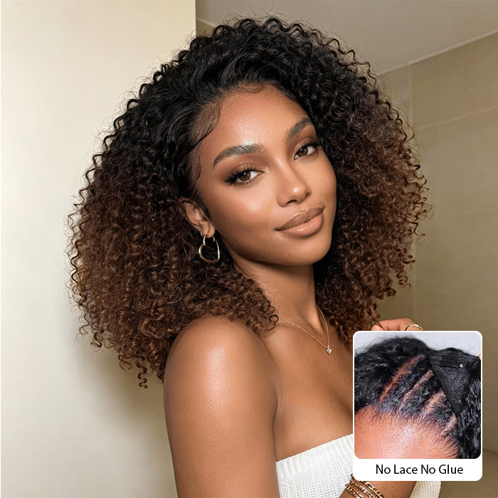 Kinky Curly V Part Wigs Ombre Chestnut Brown Color Glueless U Part No Leave Out Super Natural Human Hair Wig
