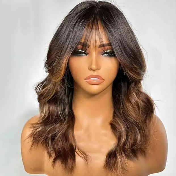 Ombre Chestnut Brown Highlights Body Wave Wig with Bangs 13x4 HD Invisible Lace Front Human Hair Wigs Bleached Knots For Women