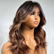 Ombre Chestnut Brown Highlights Body Wave Wig with Bangs 13x4 HD Invisible Lace Front Human Hair Wigs Bleached Knots For Women