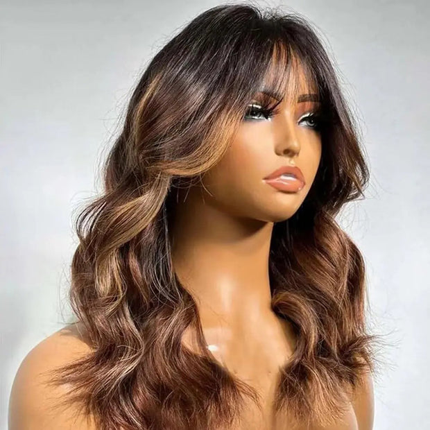Ombre Chestnut Brown Highlights Body Wave Wig with Bangs 13x4 HD Invisible Lace Front Human Hair Wigs Bleached Knots For Women