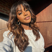 Ombre Chestnut Brown Highlights Body Wave Wig with Bangs 13x4 HD Invisible Lace Front Human Hair Wigs Bleached Knots For Women