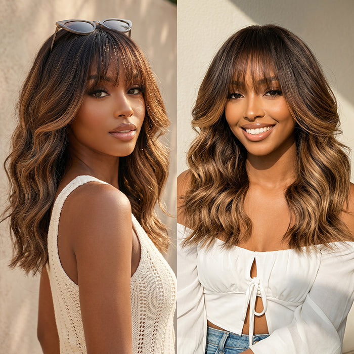 Ombre Chestnut Brown Highlights Body Wave Wig with Bangs 13x4 HD Invisible Lace Front Human Hair Wigs Bleached Knots For Women