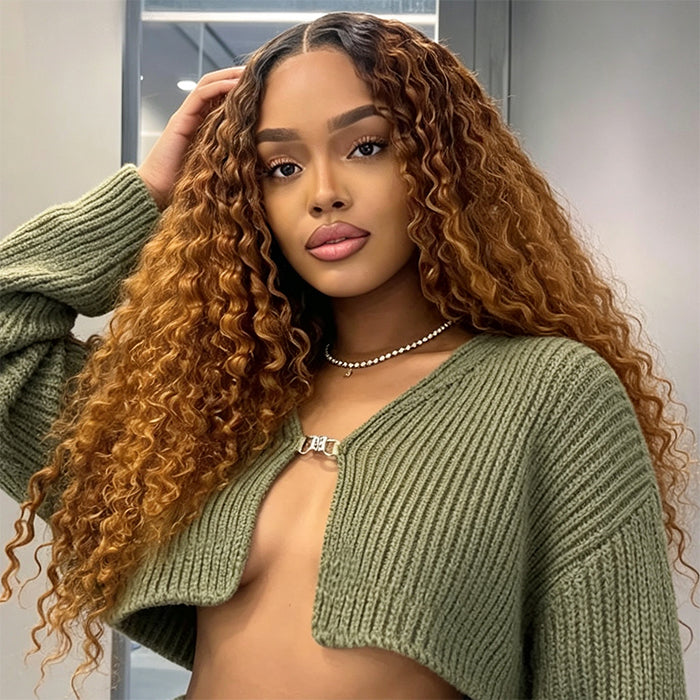 Ombre Colored New Updated No Leave Out No Lace No Glue Curly V Part Drawstring Wigs