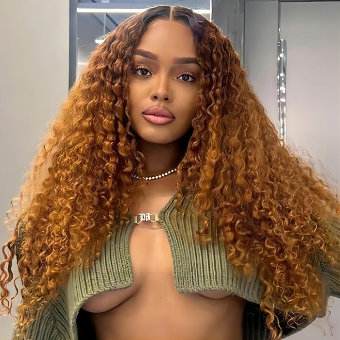 Ombre Colored New Updated No Leave Out No Lace No Glue Curly V Part Drawstring Wigs