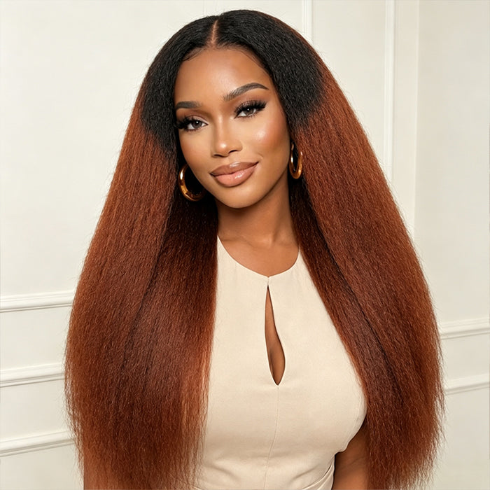 Ombre Reddish Brown V Part Glueless Kinky Straight Human Hair Wig With Invisi Adjustable Drawstring Beginner Friendly