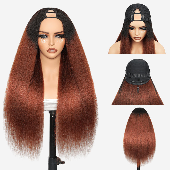 Ombre Reddish Brown V Part Glueless Kinky Straight Human Hair Wig With Invisi Adjustable Drawstring Beginner Friendly