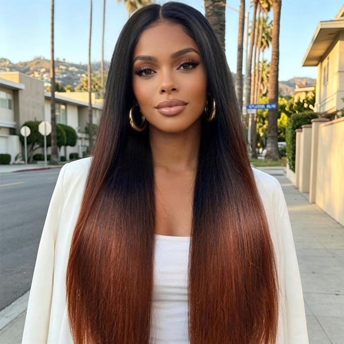 Yaki Straight Ombre Reddish Brown V Part Wigs with Drawstring No Leave Out Glueless Human Hair Wig