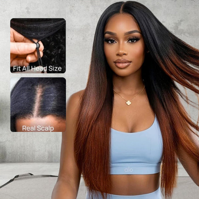 Yaki Straight Ombre Reddish Brown V Part Wigs with Drawstring No Leave Out Glueless Human Hair Wig
