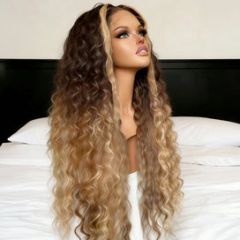 Deep Wave 13x6 Lace Front Wigs Ombre Brown To Blonde Highlight Wig Glueless Human Hair Wigs For Women