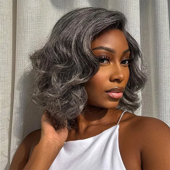 Salt & Pepper Layered Natural Wavy Bob Wigs Side Part Glueless HD Lace Human Hair Wigs with Pre Plucked Hairline