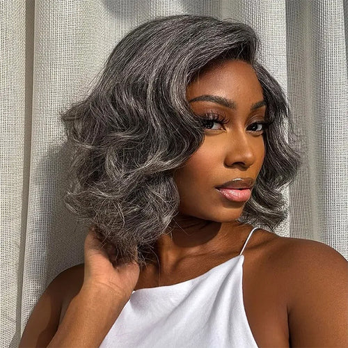 Salt & Pepper Layered Natural Wavy Bob Wigs Side Part Glueless HD Lace Human Hair Wigs with Pre Plucked Hairline