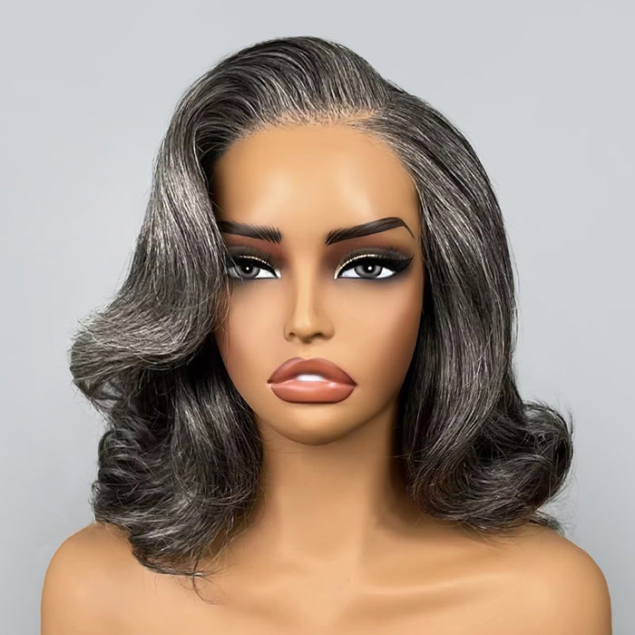 Salt & Pepper Layered Natural Wavy Bob Wigs Side Part Glueless HD Lace Human Hair Wigs with Pre Plucked Hairline