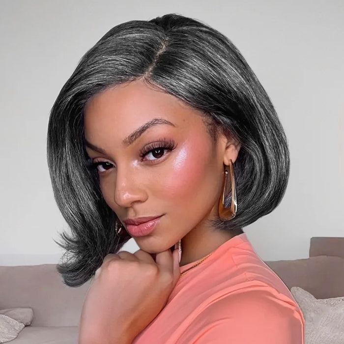 Salt and Pepper Human Hair Bob Wig Glueless Pre Cut 5x5 HD Lace Closure Wigs with Pre Plucked Hairline