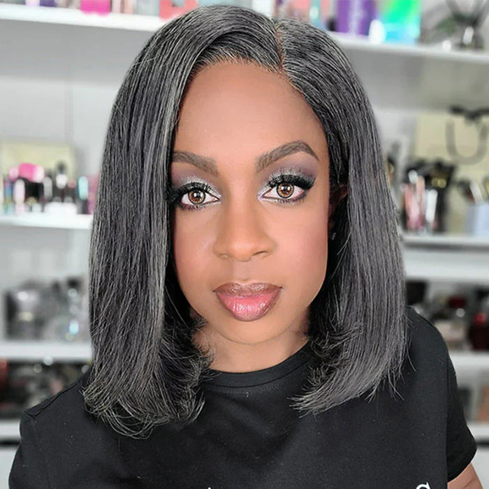 Salt and Pepper Human Hair Bob Wig Glueless Pre Cut 5x5 HD Lace Closure Wigs with Pre Plucked Hairline
