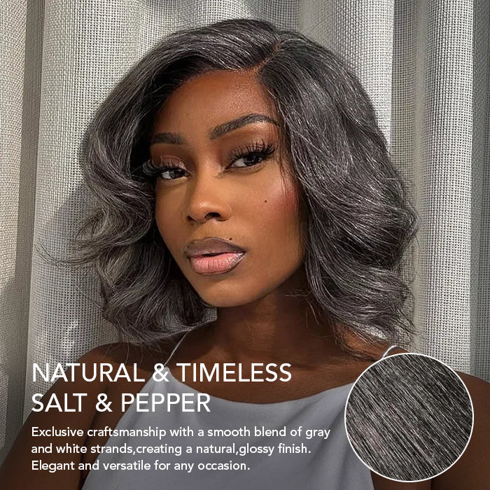 Salt & Pepper Layered Natural Wavy Bob Wigs Side Part Glueless HD Lace Human Hair Wigs with Pre Plucked Hairline