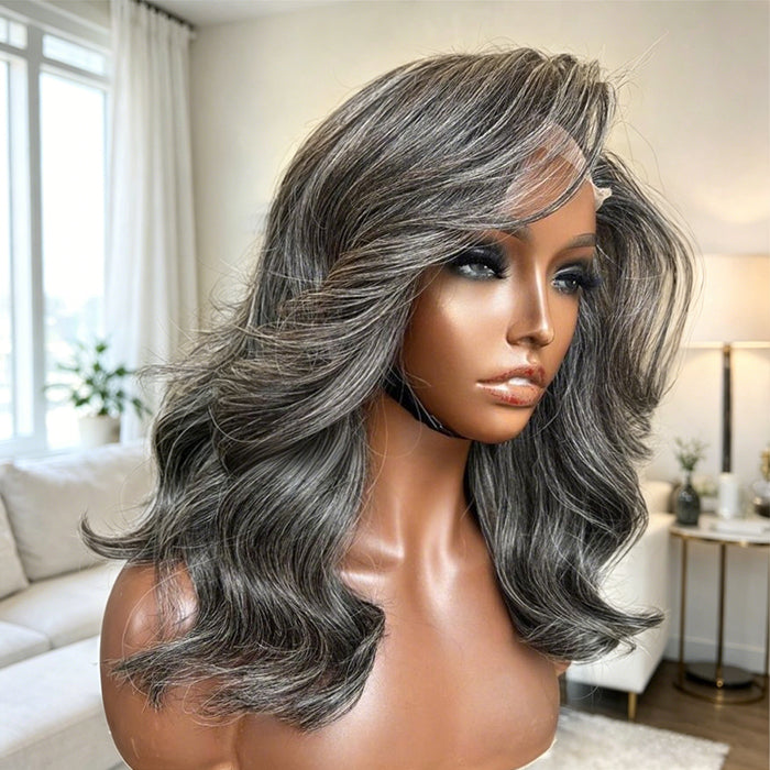 Human Hair Salt and Pepper Gray Color Layered Natural Wavy Side Part Glueless HD Lace Wig