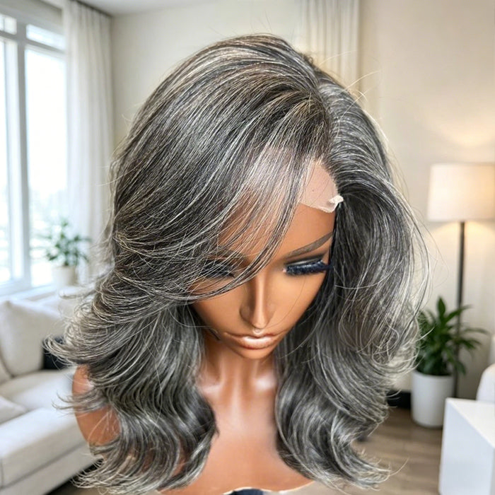 Human Hair Salt and Pepper Gray Color Layered Natural Wavy Side Part Glueless HD Lace Wig