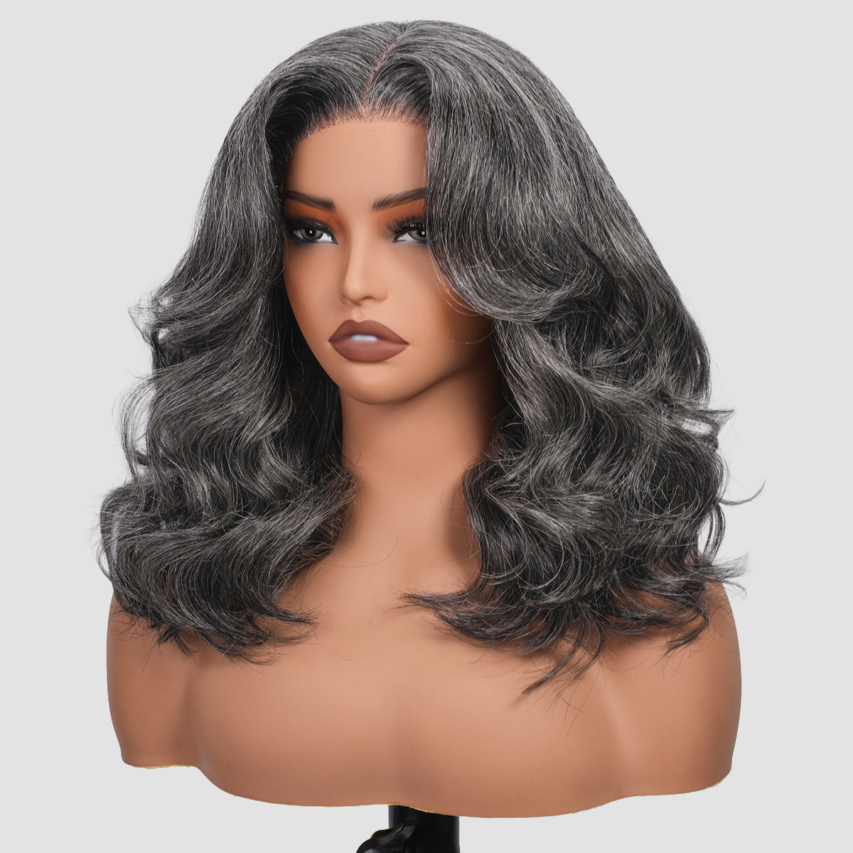 Human Hair Salt and Pepper Gray Color Layered Natural Wavy Side Part Glueless HD Lace Wig