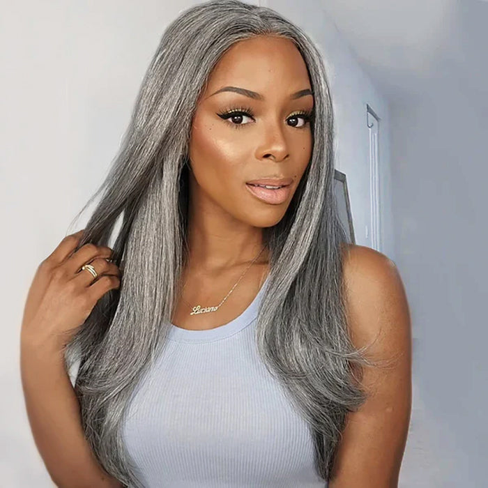 Salt and Pepper Gray Color Put On and Go Glueless Straight 5x5 Pre-Cut HD Lace Human Hair Wigs