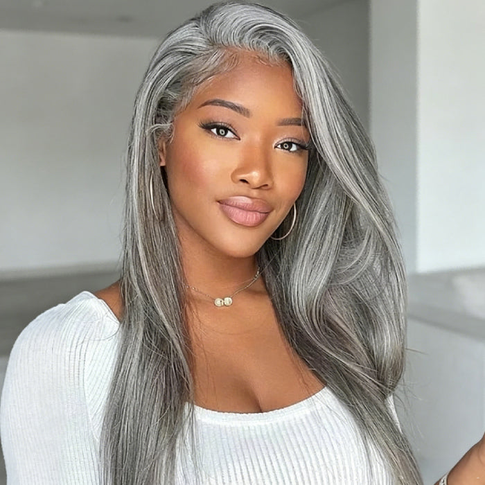 Salt and Pepper Gray Color Put On and Go Glueless Straight 5x5 Pre-Cut HD Lace Human Hair Wigs
