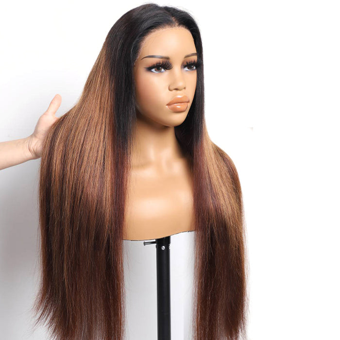 Straight Ombre Chestnut Brown Highlight Lace Front Wigs with Dark Roots Pre Plucked Glueless Wigs 300% Density