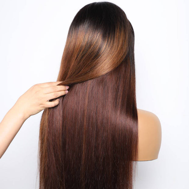 Straight Ombre Chestnut Brown Highlight Lace Front Wigs with Dark Roots Pre Plucked Glueless Wigs 300% Density