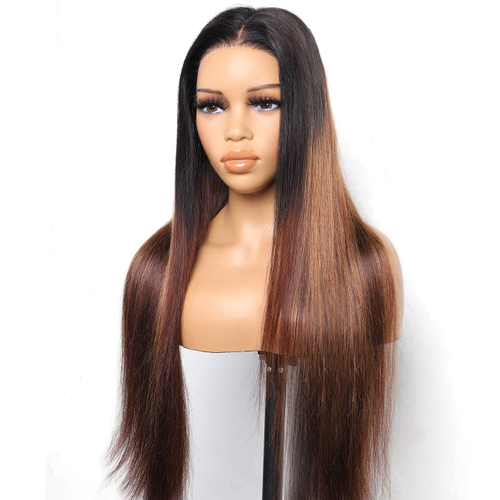 Straight Ombre Chestnut Brown Highlight Lace Front Wigs with Dark Roots Pre Plucked Glueless Wigs 300% Density