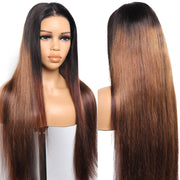 Straight Ombre Chestnut Brown Highlight Lace Front Wigs with Dark Roots Pre Plucked Glueless Wigs 300% Density