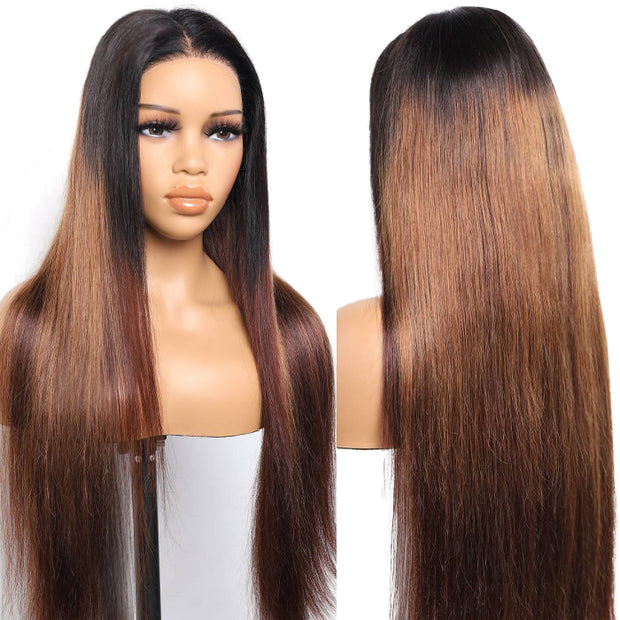 Straight Ombre Chestnut Brown Highlight Lace Front Wigs with Dark Roots Pre Plucked Glueless Wigs 300% Density
