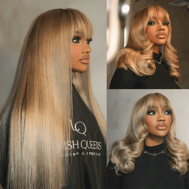 Strawberry Blonde Lace Front Body Wave Human Hair Wig With Bangs 5x5 HD Lace Closure Wigs 180% 220% Density